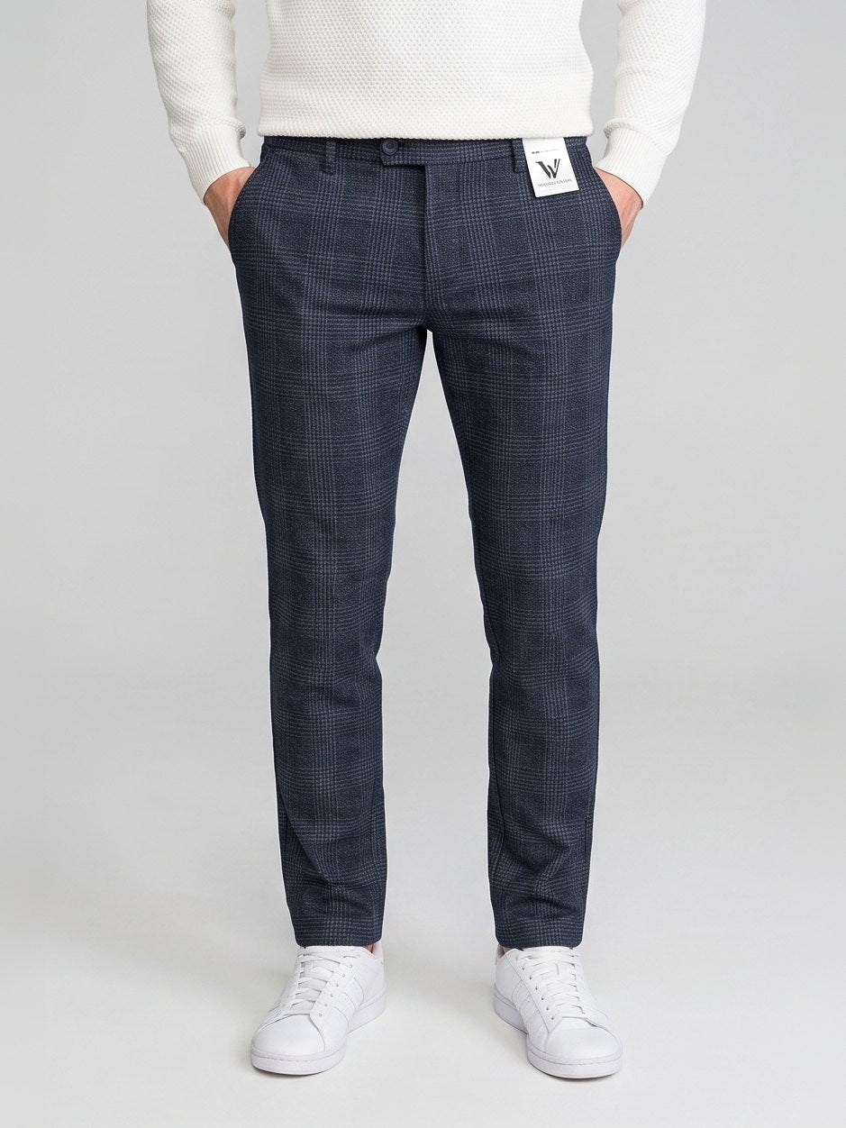 Granatowe chinosy męskie w kratkę VANKELJEANS 123 – widok z przodu – detal