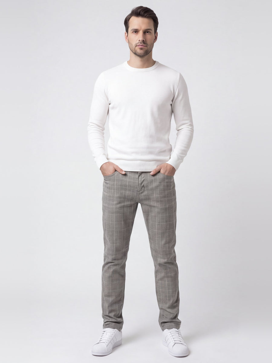 Jasnoszare chinosy męskie w kratkę VANKELJEANS 071 – widok z przodu