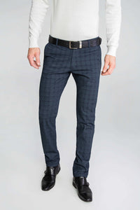 SPODNIE MĘSKIE CHINOS GRANATOWE W SZARA KRATKĘ VANKELJEANS® 058