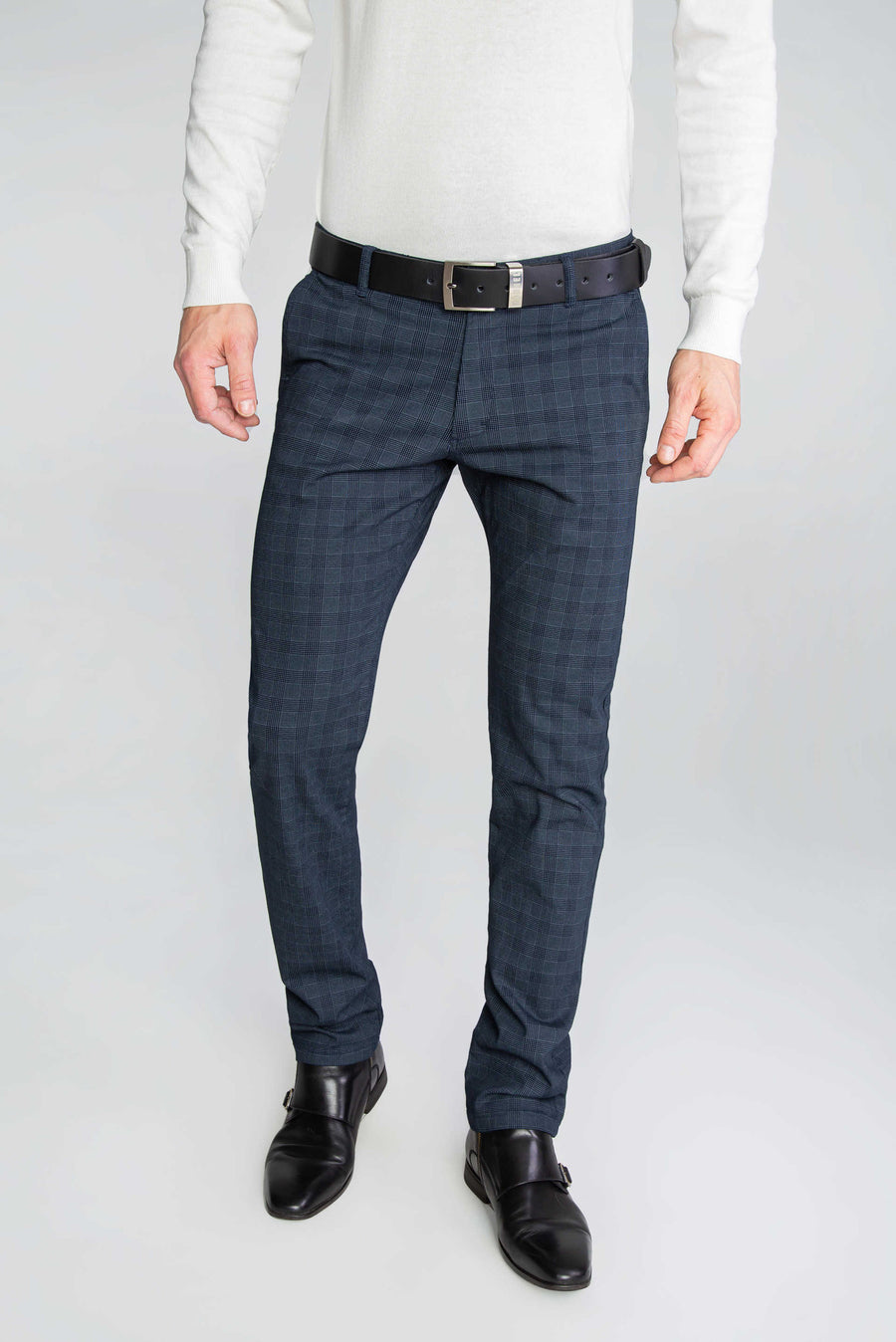 SPODNIE MĘSKIE CHINOS GRANATOWE W SZARA KRATKĘ VANKELJEANS® 058