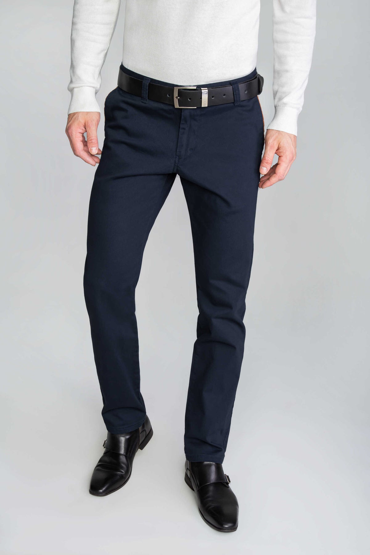 SPODNIE MĘSKIE CHINOS GRANATOWE Z BRĄZOWYMI WSTAWKAMI VANKELJEANS® 605G
