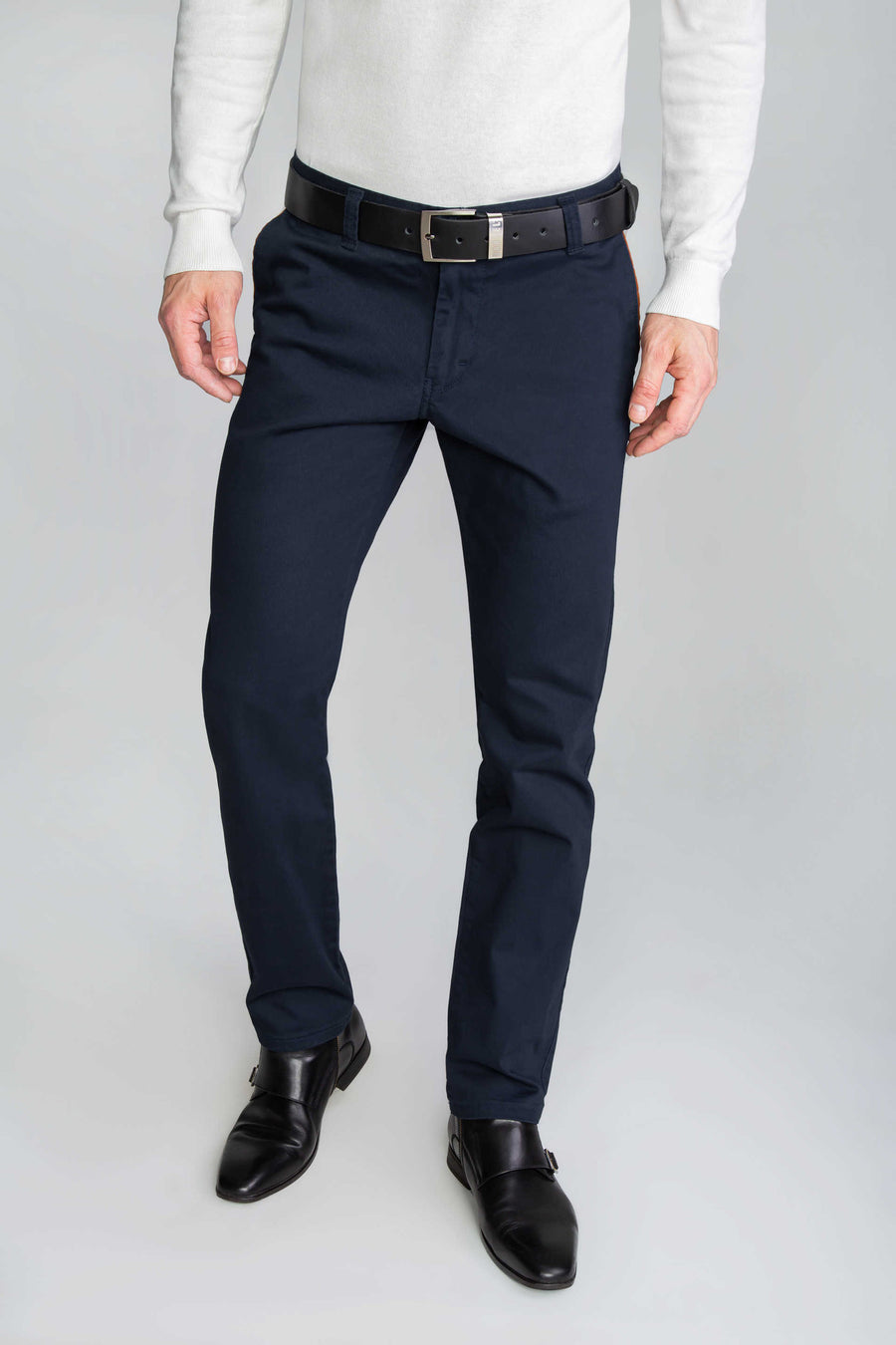 SPODNIE MĘSKIE CHINOS GRANATOWE Z BRĄZOWYMI WSTAWKAMI VANKELJEANS® 605G