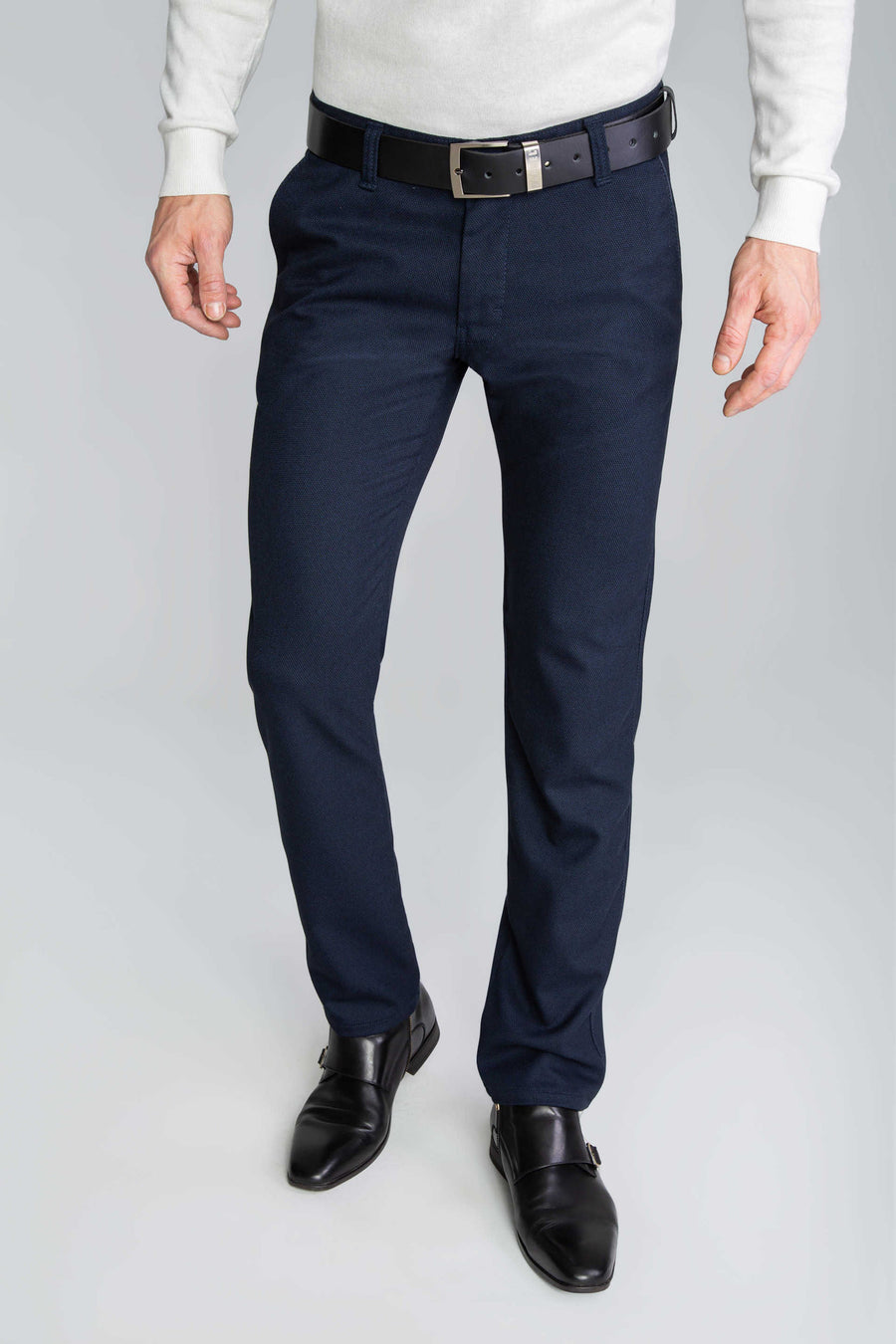 SPODNIE MĘSKIE CHINOS GRANATOWE ZE SKÓRZANYMI WSTAWKAMI VANKELJEANS® 028