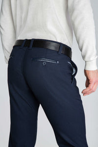 SPODNIE MĘSKIE CHINOS GRANATOWE ZE SKÓRZANYMI WSTAWKAMI VANKELJEANS® 028