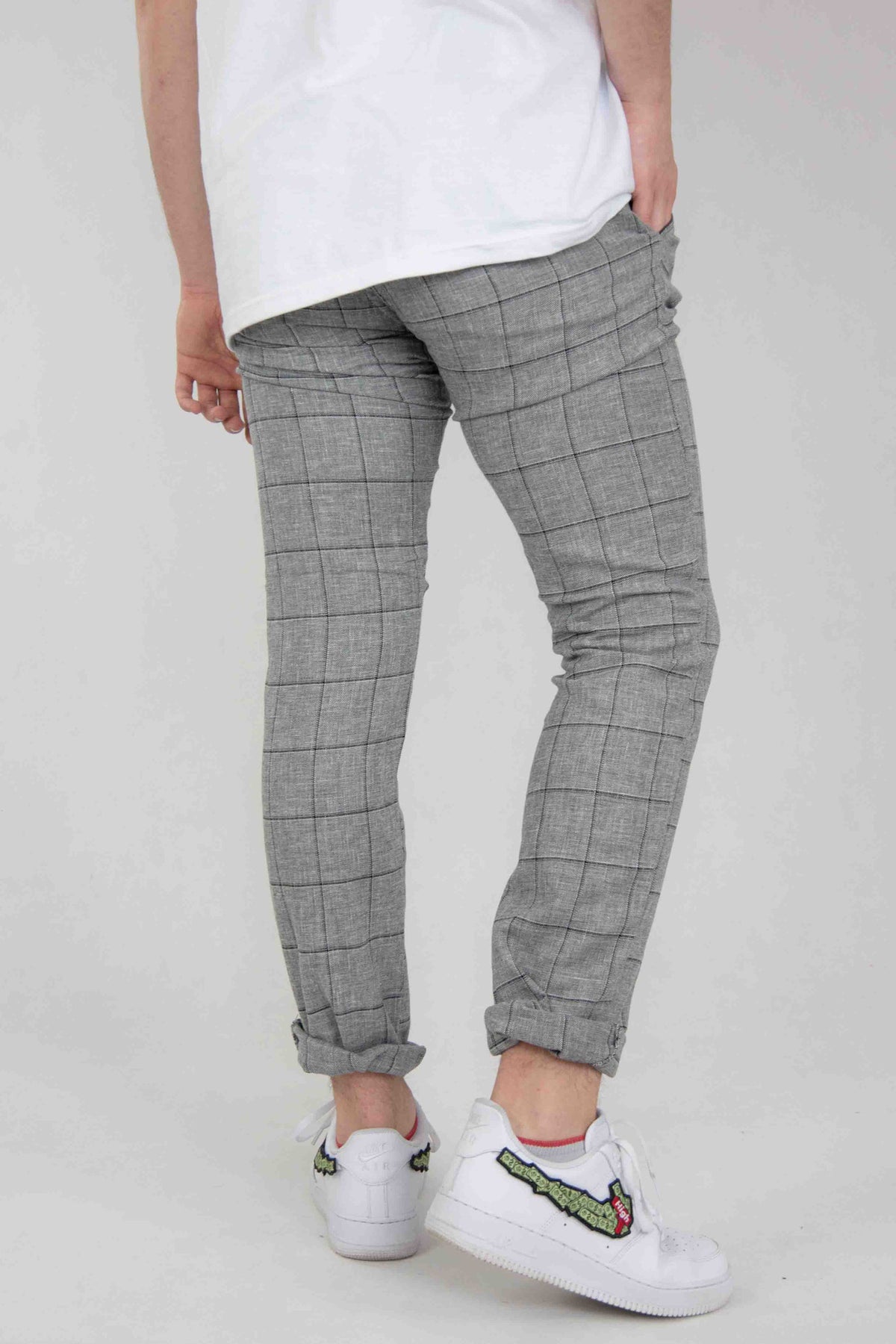 SPODNIE MĘSKIE CHINOS DUŻA KRATKA JASNY SZARY VANKELJEANS® 089